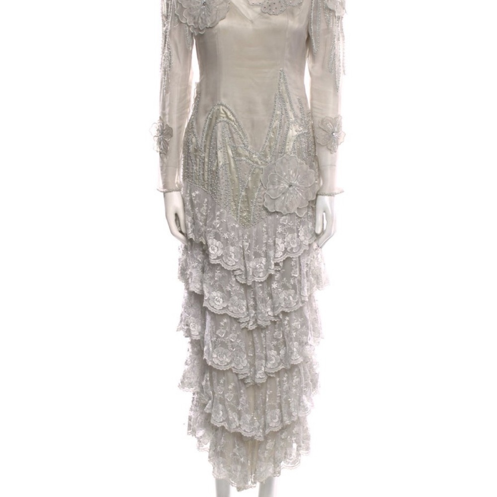 Vintage Pave Formal Silver Lace Tiered Gown